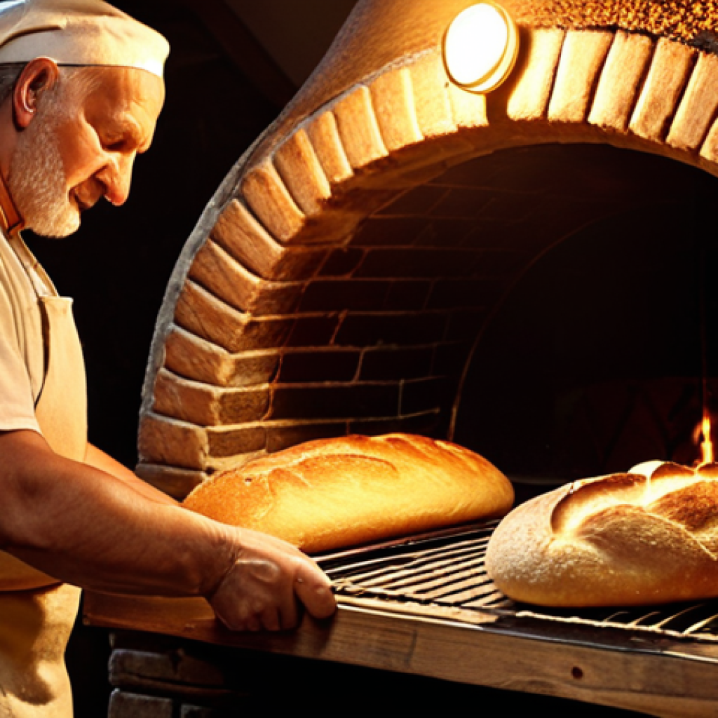 **Image of a Polish baker pulling rustic, golden loaves from a wood-fired oven in a small, traditional *piekarnia*. Focus on the warm glow, the baker's pride, and the visible crust and texture of the bread.**