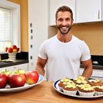 **A joyful man in a bright, modern kitchen, proudly holding a plate of delicious-looking, lighter baked goods, such as fruit-filled muffins or a slice of moist cake. On the countertop in the background, an assortment of fresh, healthy ingredients like apples, bananas, Greek yogurt, and whole grains are subtly visible, symbolizing a "revolution" in baking. The scene should convey a sense of accomplishment, health, and satisfying indulgence.**