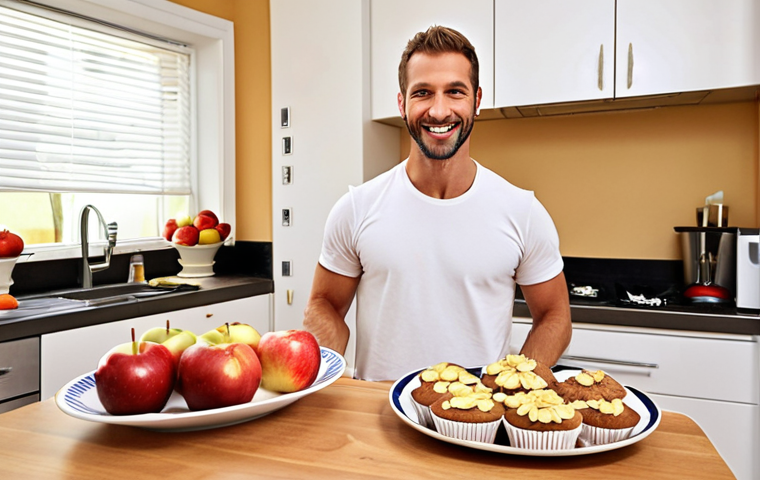 **A joyful man in a bright, modern kitchen, proudly holding a plate of delicious-looking, lighter baked goods, such as fruit-filled muffins or a slice of moist cake. On the countertop in the background, an assortment of fresh, healthy ingredients like apples, bananas, Greek yogurt, and whole grains are subtly visible, symbolizing a "revolution" in baking. The scene should convey a sense of accomplishment, health, and satisfying indulgence.**