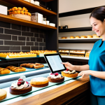 A professional woman, fully clothed in a modest, stylish top and trousers, sits comfortably at a polished wooden table in a bright, modern confectionery. She is holding a tablet, displaying an online review page for desserts, while thoughtfully gazing at a beautiful display shelf filled with various exquisite pastries, cakes, and artisanal baked goods in the background. The scene is well-lit with natural light, emphasizing the inviting ambiance of the cafe. Professional photography, high detail, perfect anatomy, correct proportions, natural pose, well-formed hands, proper finger count, natural body proportions, safe for work, appropriate content, family-friendly.