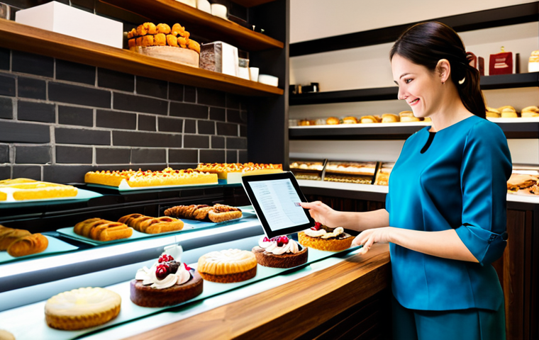 A professional woman, fully clothed in a modest, stylish top and trousers, sits comfortably at a polished wooden table in a bright, modern confectionery. She is holding a tablet, displaying an online review page for desserts, while thoughtfully gazing at a beautiful display shelf filled with various exquisite pastries, cakes, and artisanal baked goods in the background. The scene is well-lit with natural light, emphasizing the inviting ambiance of the cafe. Professional photography, high detail, perfect anatomy, correct proportions, natural pose, well-formed hands, proper finger count, natural body proportions, safe for work, appropriate content, family-friendly.