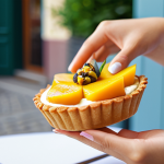 A professional woman in modest, elegant summer attire, gently holding a small, exquisitely crafted limited-edition mango-passion fruit tart, garnished with a subtle lavender sprig. She is seated at a chic outdoor cafe terrace in Poland, bathed in soft summer sunlight. The background is a gently blurred, inviting street scene. The image is a high-quality, professional food photography shot with natural light, showcasing the vibrant colors and delicate textures of the dessert. fully clothed, appropriate attire, safe for work, perfect anatomy, correct proportions, natural pose, well-formed hands, proper finger count, natural body proportions, professional, family-friendly content.