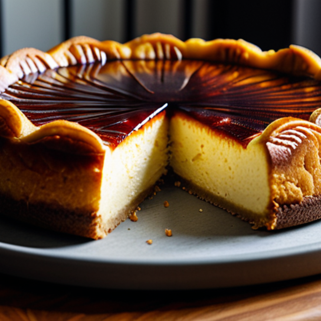 A magnificent Basque Cheesecake, showcasing its iconic dark, caramelized top and a smooth, creamy interior when sliced. The cheesecake is resting on a rustic wooden board in a warm, inviting home kitchen, bathed in soft, natural light. Professional food photography, realistic, high quality, safe for work, appropriate content, family-friendly.