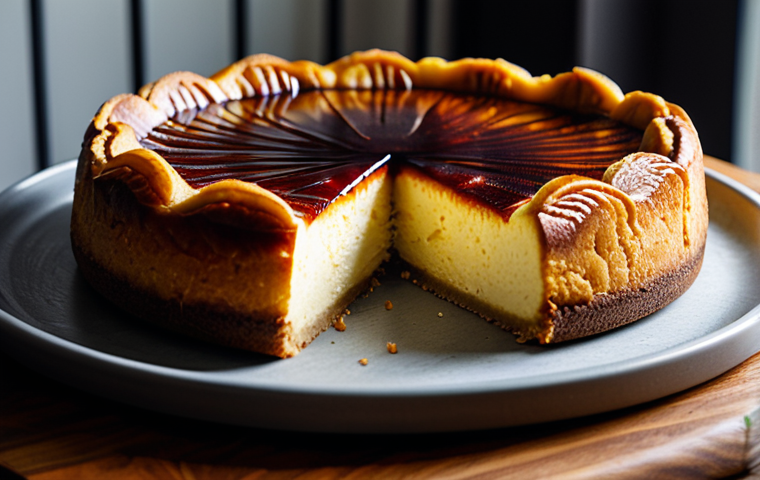 A magnificent Basque Cheesecake, showcasing its iconic dark, caramelized top and a smooth, creamy interior when sliced. The cheesecake is resting on a rustic wooden board in a warm, inviting home kitchen, bathed in soft, natural light. Professional food photography, realistic, high quality, safe for work, appropriate content, family-friendly.