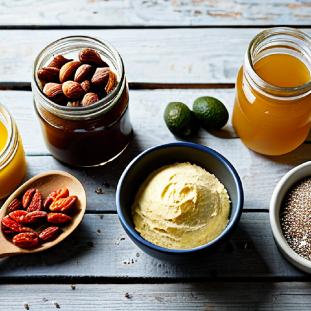 Healthy Baking Ingredients**
"A beautifully arranged collection of healthy dessert ingredients on a rustic wooden table. Included are jars of Polish honey, maple syrup, Medjool dates, almond flour, coconut flour, buckwheat flour, chia seeds, goji berries, avocados, coconut oil, and ghee. Focus on natural light and warm tones. safe for work, appropriate content, fully clothed, professional food photography, high quality"
**