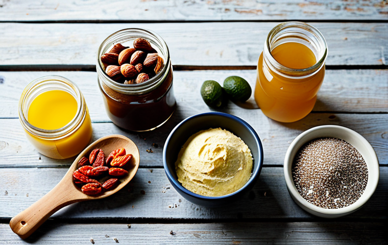 Healthy Baking Ingredients**
"A beautifully arranged collection of healthy dessert ingredients on a rustic wooden table. Included are jars of Polish honey, maple syrup, Medjool dates, almond flour, coconut flour, buckwheat flour, chia seeds, goji berries, avocados, coconut oil, and ghee. Focus on natural light and warm tones. safe for work, appropriate content, fully clothed, professional food photography, high quality"
**