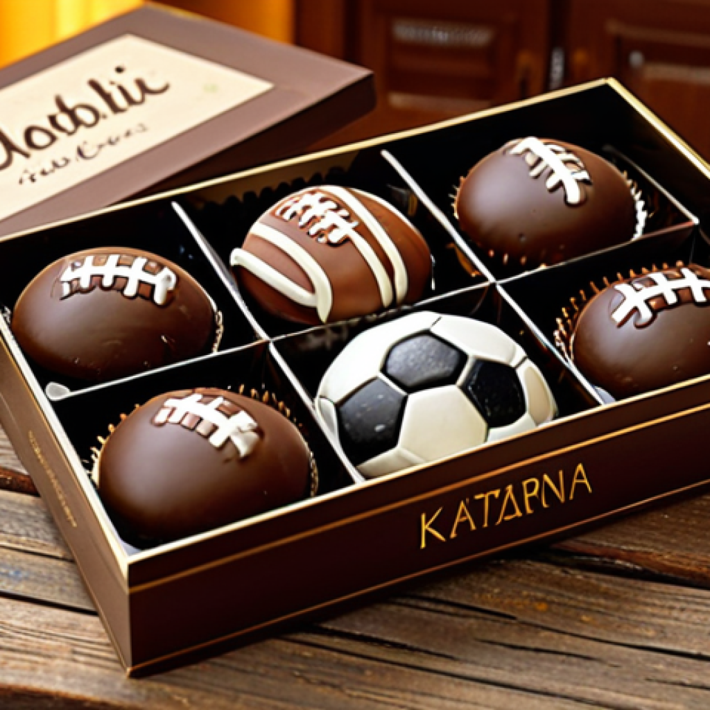 Personalized Sweets**
"A beautifully arranged box of personalized czekoladki (chocolates) with the name 'Katarzyna' and a small image of a football, sitting on a rustic wooden table. The chocolates are in various shapes and colors, some with edible glitter. In the background, a cozy Polish kitchen with warm lighting. safe for work, appropriate content, fully clothed, modest setting, professional photography, perfect anatomy, natural proportions, family-friendly."
**