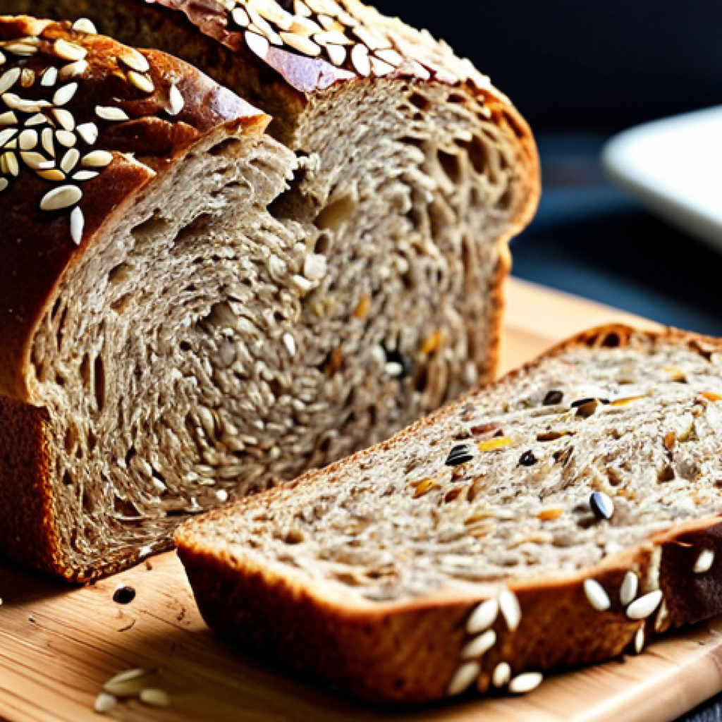 Rustic Fiber-Rich Bread**
A close-up shot of a rustic, dark brown bread loaf, showcasing visible seeds and grains (chia, flaxseed). The bread is sliced, revealing a dense, textured interior. Background: A wooden cutting board and a linen cloth. Warm, natural lighting. Perfect anatomy, correct proportions, well-formed loaf, proper texture. safe for work, appropriate content, fully clothed, professional food photography, high quality.
**