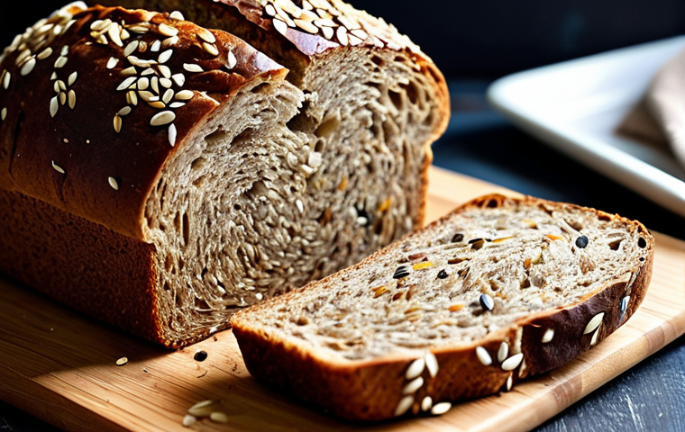 Rustic Fiber-Rich Bread**

A close-up shot of a rustic, dark brown bread loaf, showcasing visible seeds and grains (chia, flaxseed). The bread is sliced, revealing a dense, textured interior. Background: A wooden cutting board and a linen cloth.  Warm, natural lighting. Perfect anatomy, correct proportions, well-formed loaf, proper texture. safe for work, appropriate content, fully clothed, professional food photography, high quality.

**