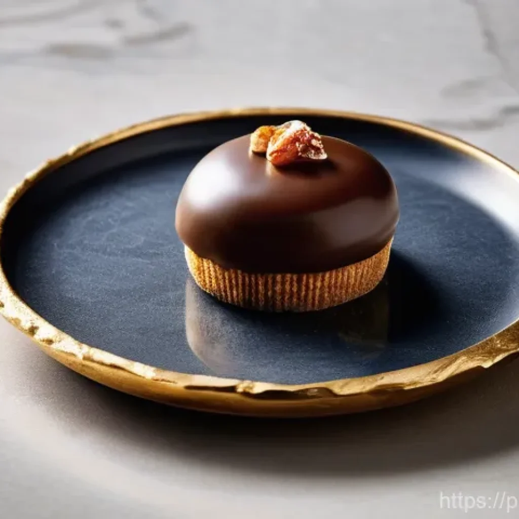 프리미엄 제과 브랜드 - **Prompt:** "A single, exquisite chocolate praline, resembling a perfectly cut gemstone, sits on a d...
