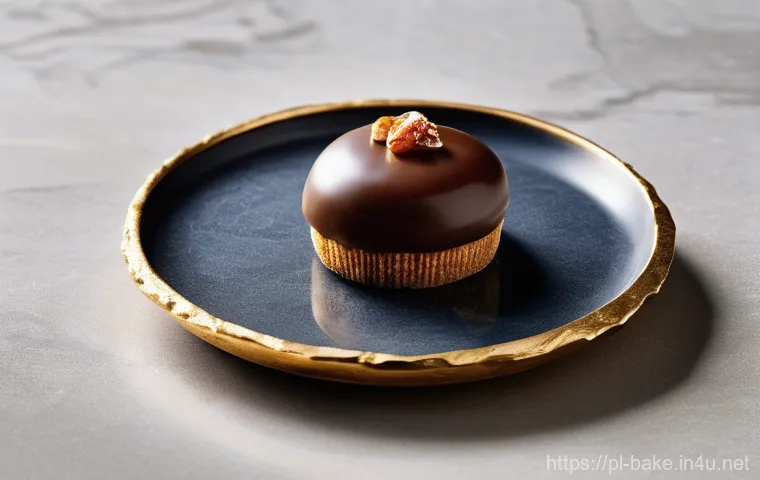 프리미엄 제과 브랜드 - **Prompt:** "A single, exquisite chocolate praline, resembling a perfectly cut gemstone, sits on a d...