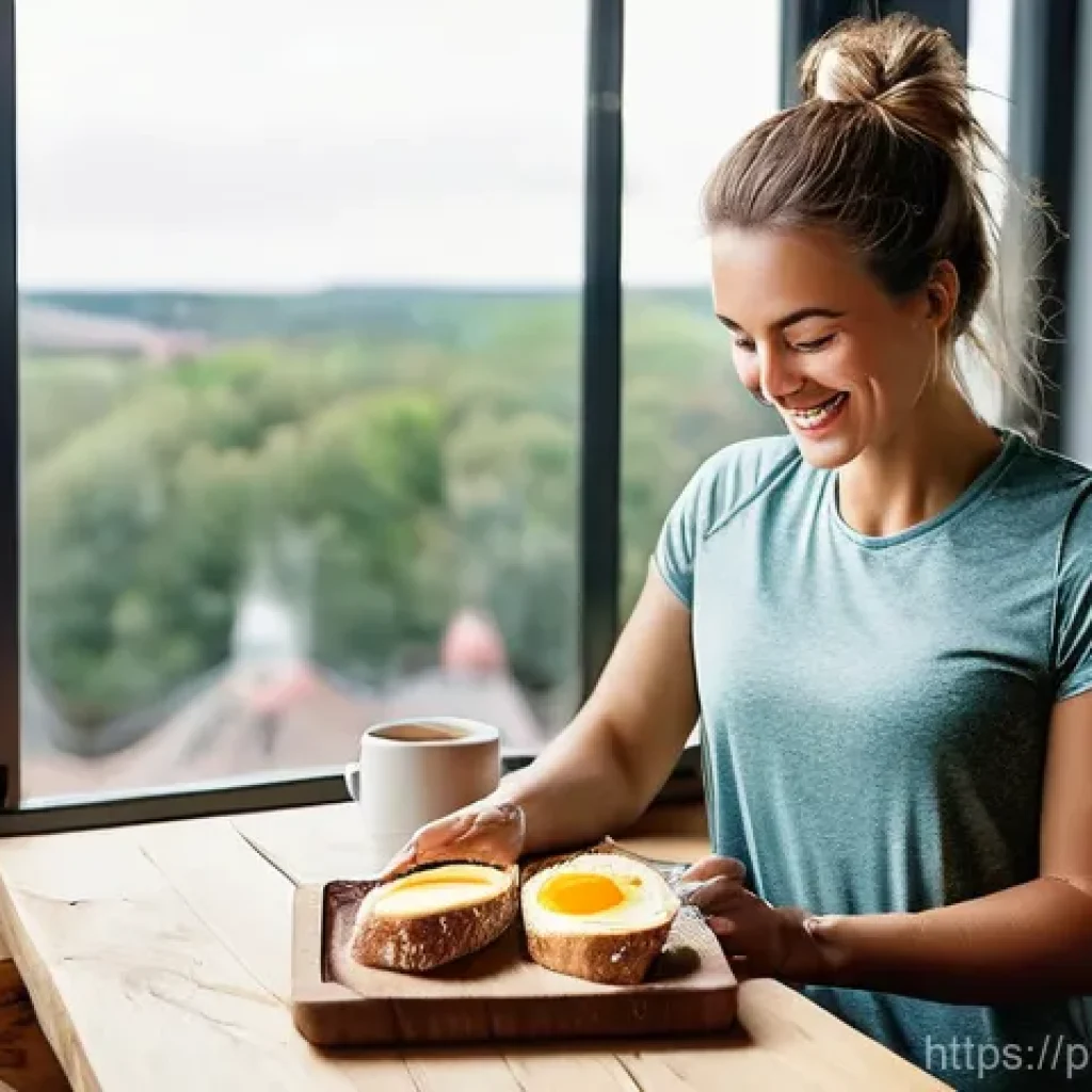 고단백 제과 제품 - **Prompt 1: Energetic Morning with High-Protein Breakfast**
"A vibrant, eye-level shot of a fit ...