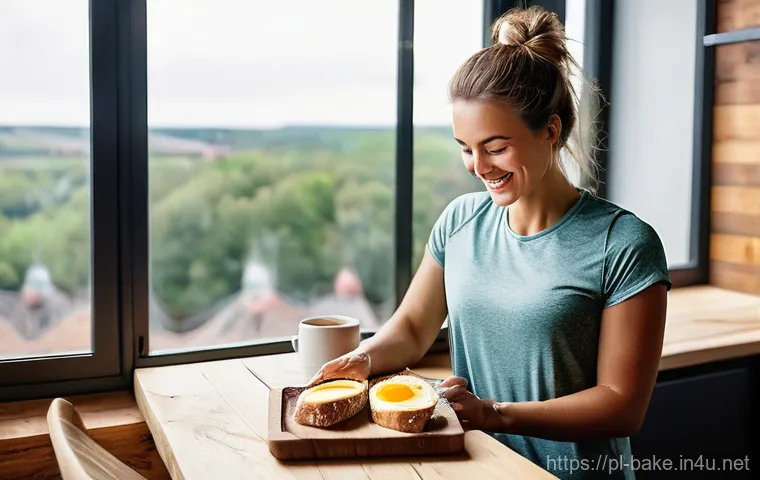 고단백 제과 제품 - **Prompt 1: Energetic Morning with High-Protein Breakfast**
"A vibrant, eye-level shot of a fit ...