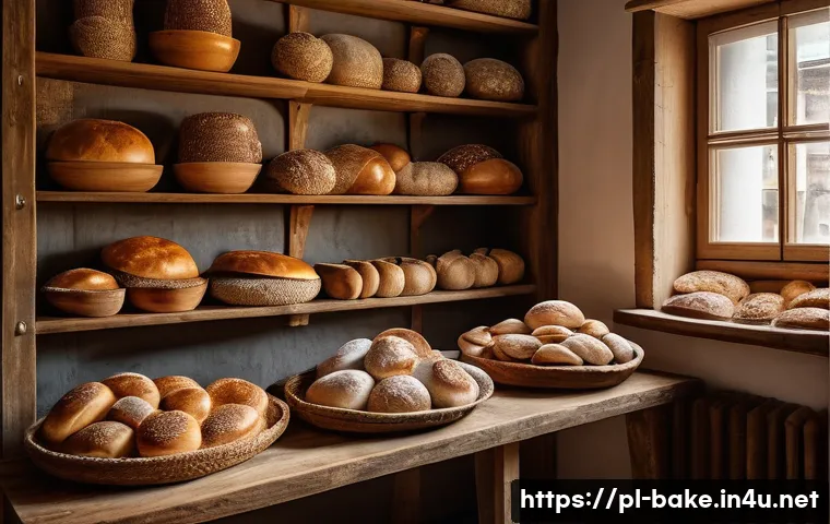 자연주의 제과 브랜드 - A cozy Polish bakery interior scene showcasing traditional bread-making: wooden shelves filled with ...
