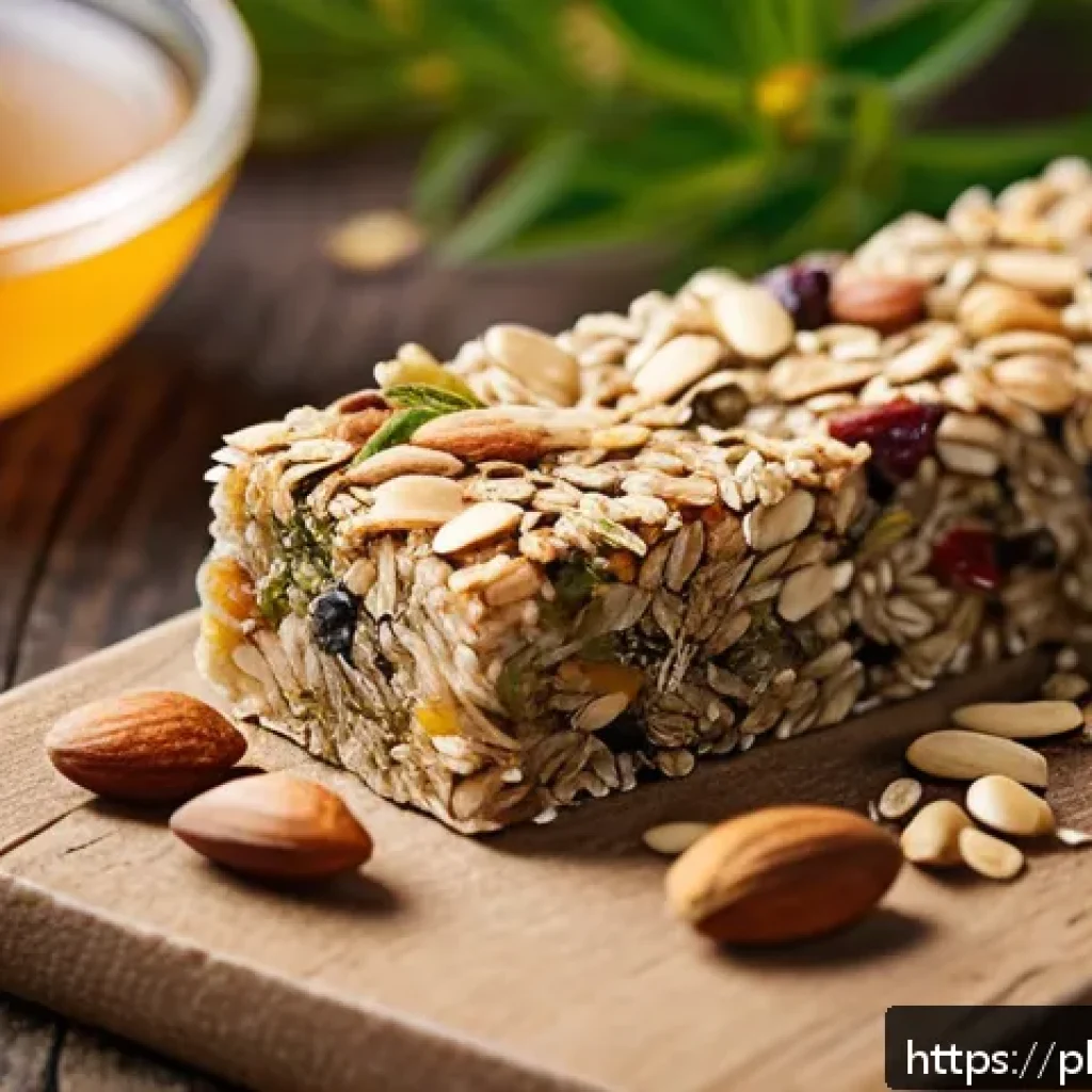 에너지바 제품 비교 - A vibrant, close-up image of a natural energy bar on a rustic wooden table, featuring visible ingred...