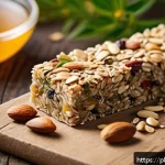 Home 21 에너지바 제품 비교 - A vibrant, close-up image of a natural energy bar on a rustic wooden table, featuring visible ingred...