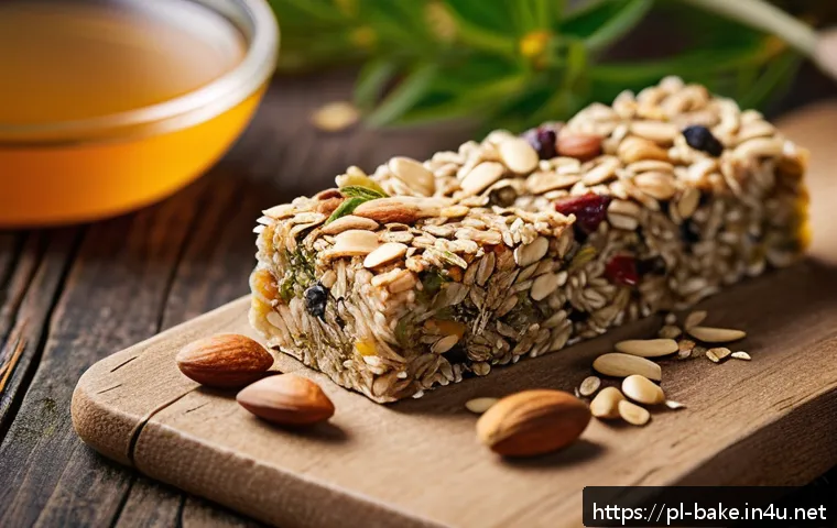 에너지바 제품 비교 - A vibrant, close-up image of a natural energy bar on a rustic wooden table, featuring visible ingred...