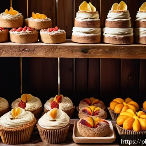 Home 32 디저트제과 가격대별 비교 - A rustic artisan bakery display showcasing an assortment of freshly baked cakes made with natural in...