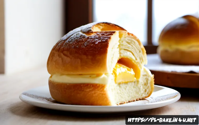 커스터드 크림빵 제조법 - Photorealistic Polish home bakery scene, close-up of a freshly baked golden custard cream bun cut op...